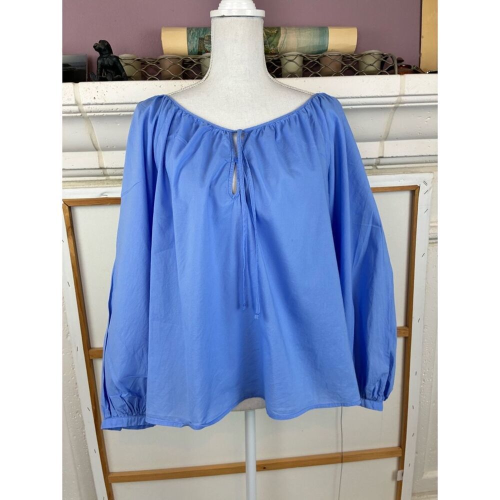 Perfect Blue Cotton Peasant Blouse with Tie Neck goes w/everything!